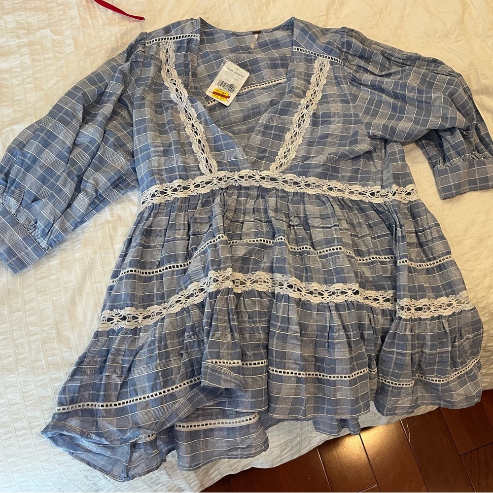 Free People Blue Plaid Tunic. Medium. NWT